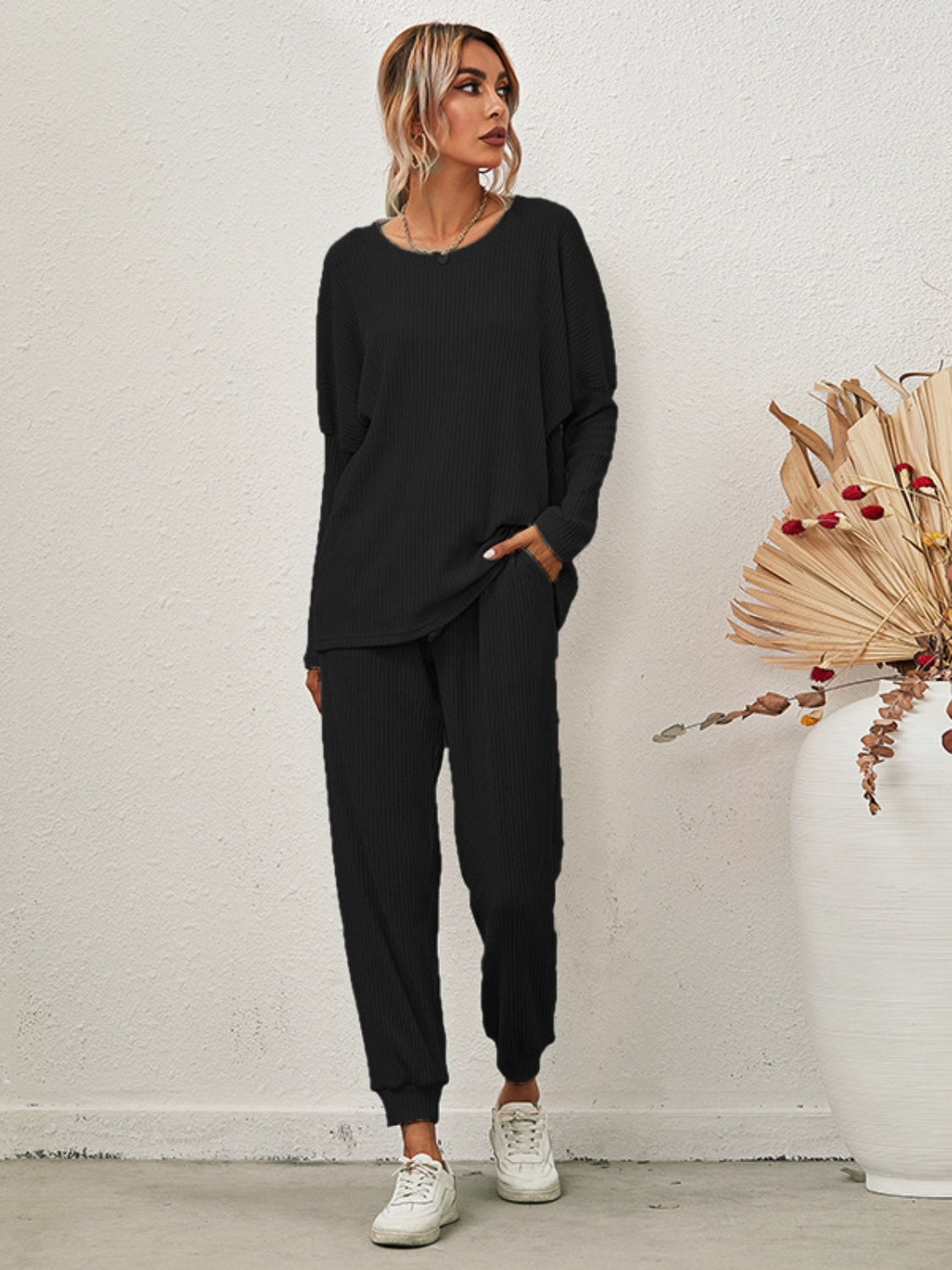 Full Size Round Neck Dropped Shoulder Top and Joggers Lounge Set - The Daily Makeover