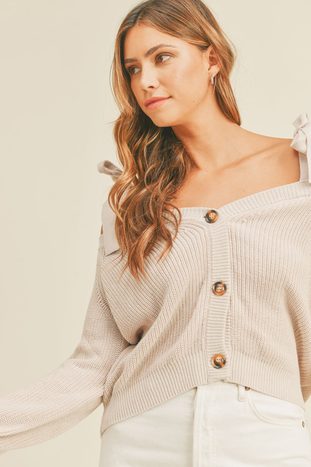 MABLE Off Shoulder Self Tie Strap Button Down Sweater - The Daily Makeover