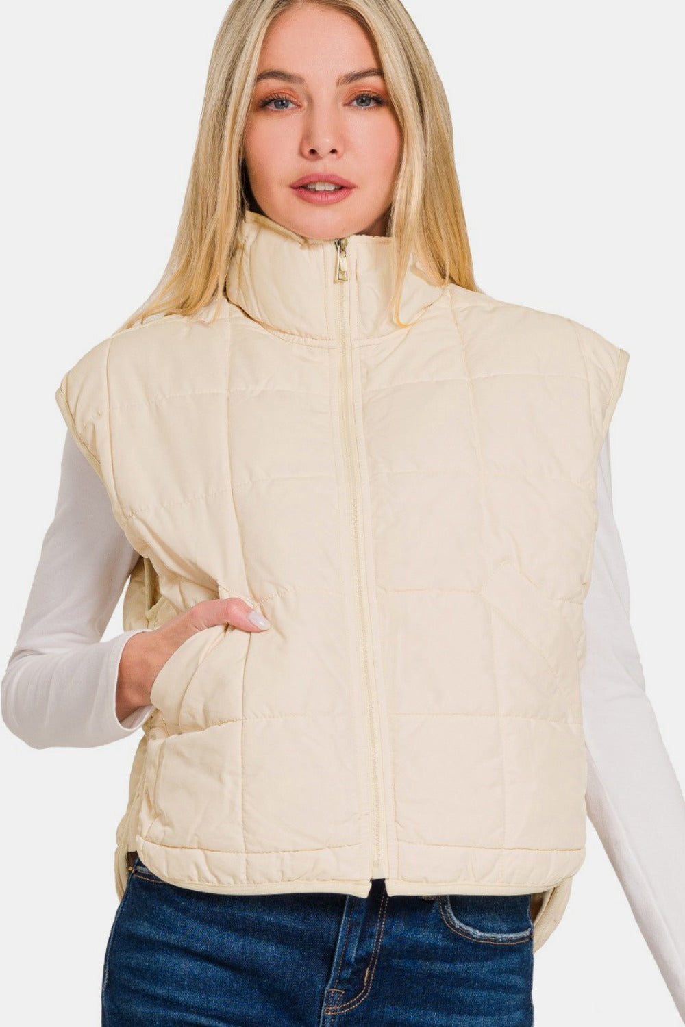 Zenana Zip Up Cropped Puffer Vest with Pockets - The Daily Makeover