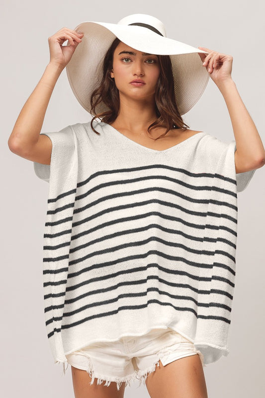 BiBi V Neck Striped Short Sleeve Top - The Daily Makeover