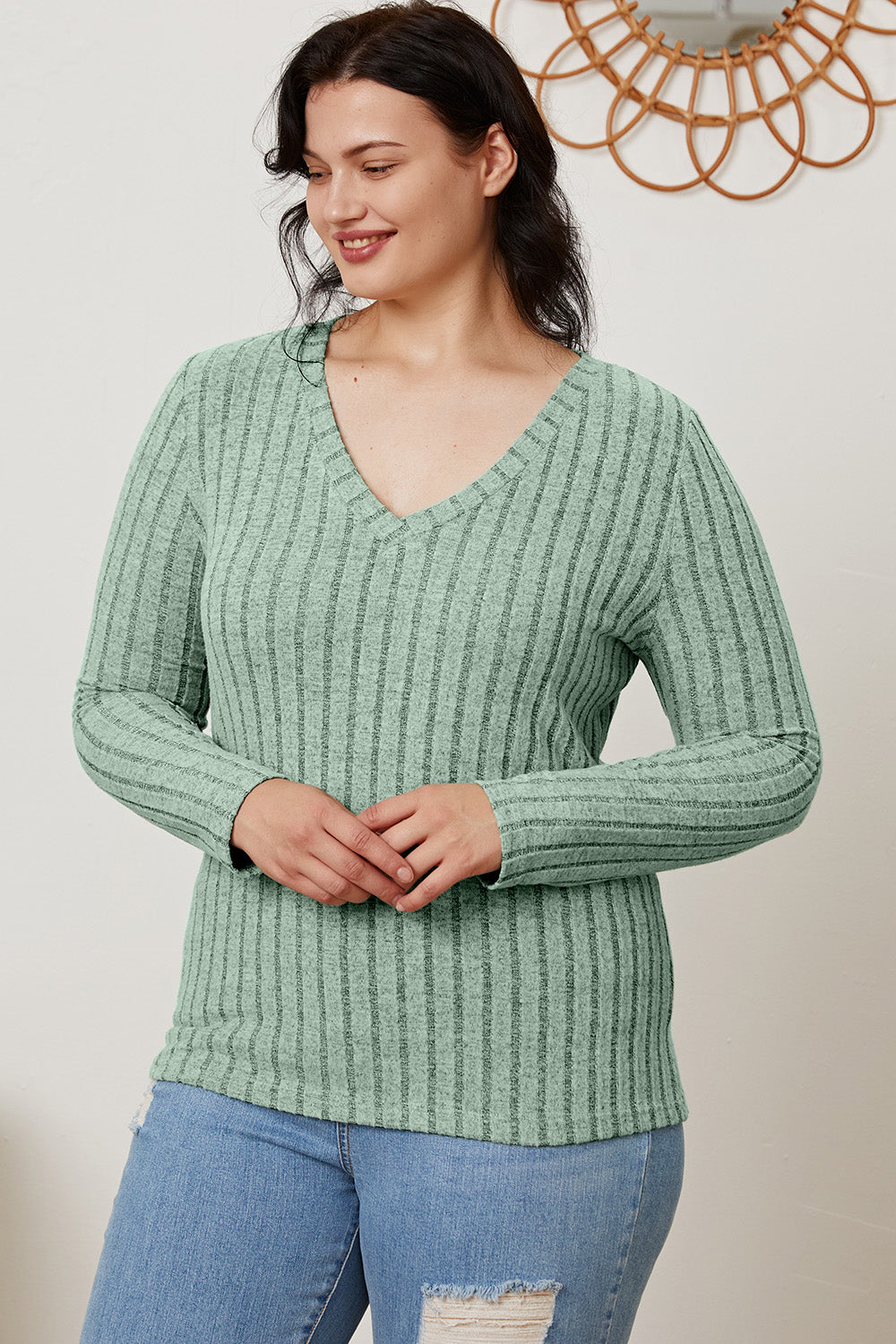 Full Size Ribbed V-Neck Long Sleeve T-Shirt - The Daily Makeover