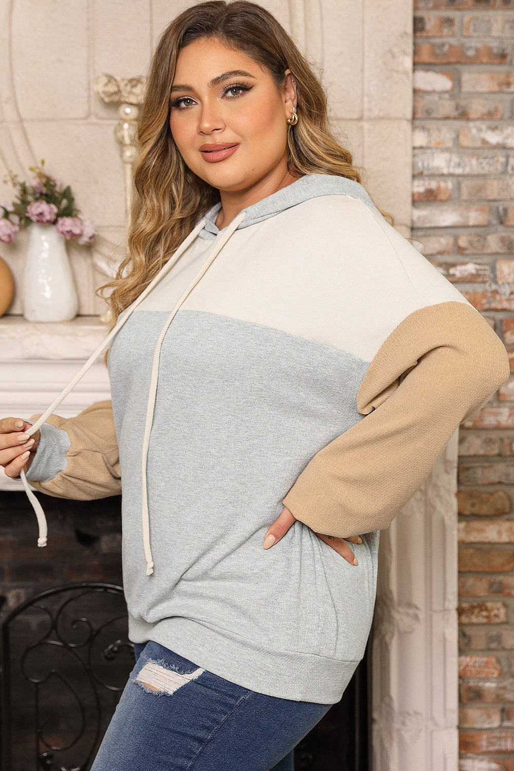 Plus Size Color Block Drawstring Long Sleeve Hoodie - The Daily Makeover