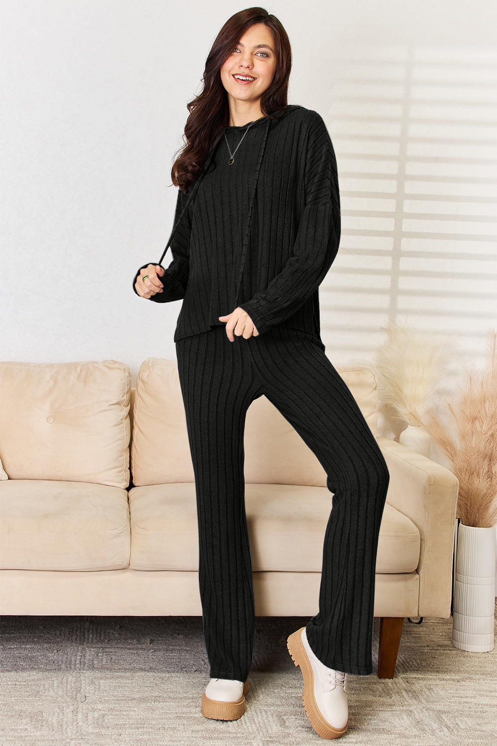 Basic Bae Full Size Ribbed Drawstring Hooded Top and Straight Pants Set - The Daily Makeover