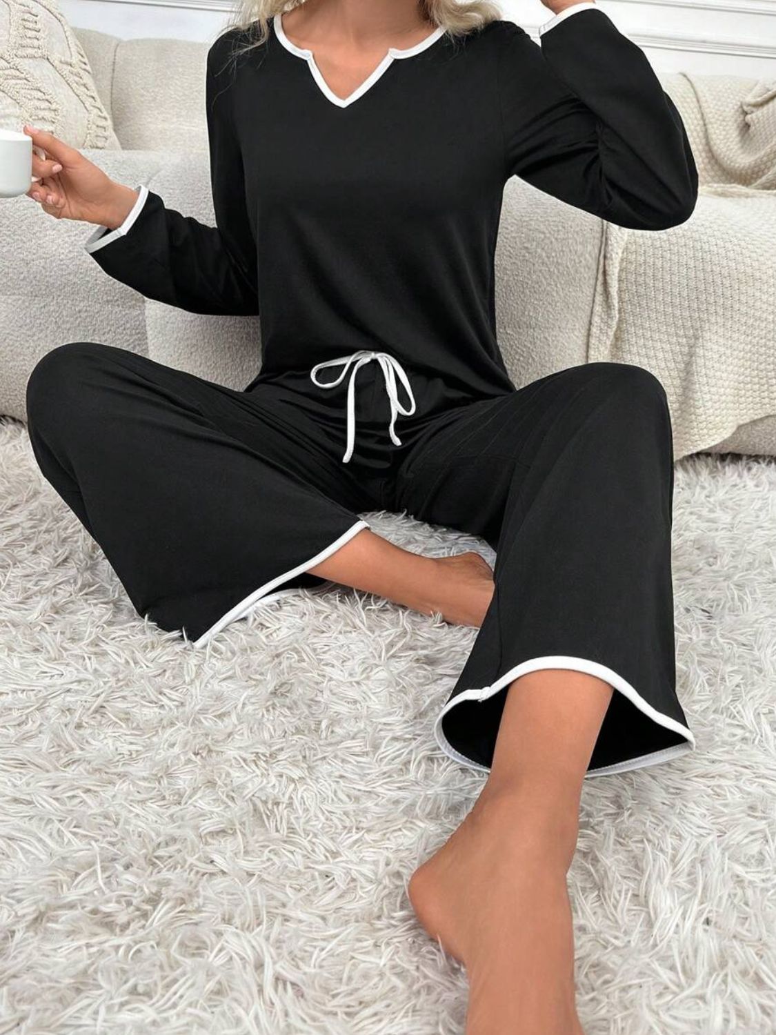 Contrast Trim Notched Long Sleeve Top and Pants Lounge Set - The Daily Makeover