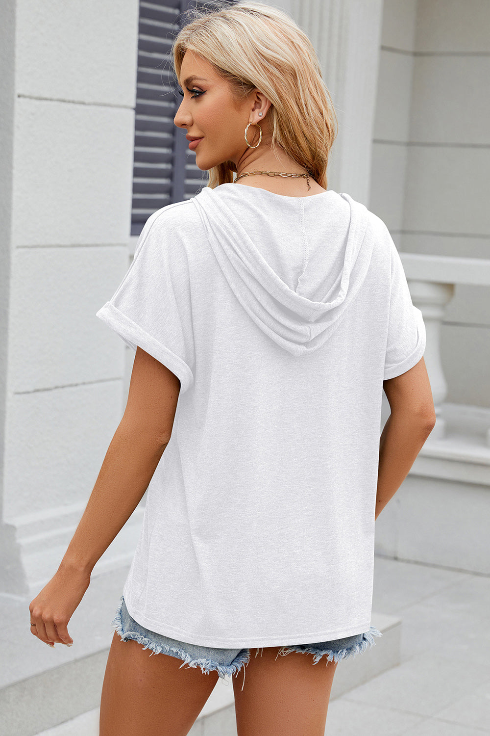 Half Button Drawstring Short Sleeve Hooded T-Shirt - The Daily Makeover