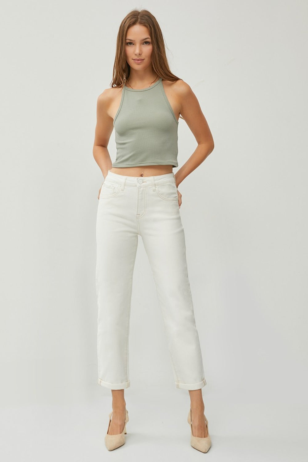 Full Size High Waist Rolled Hem Straight Jeans