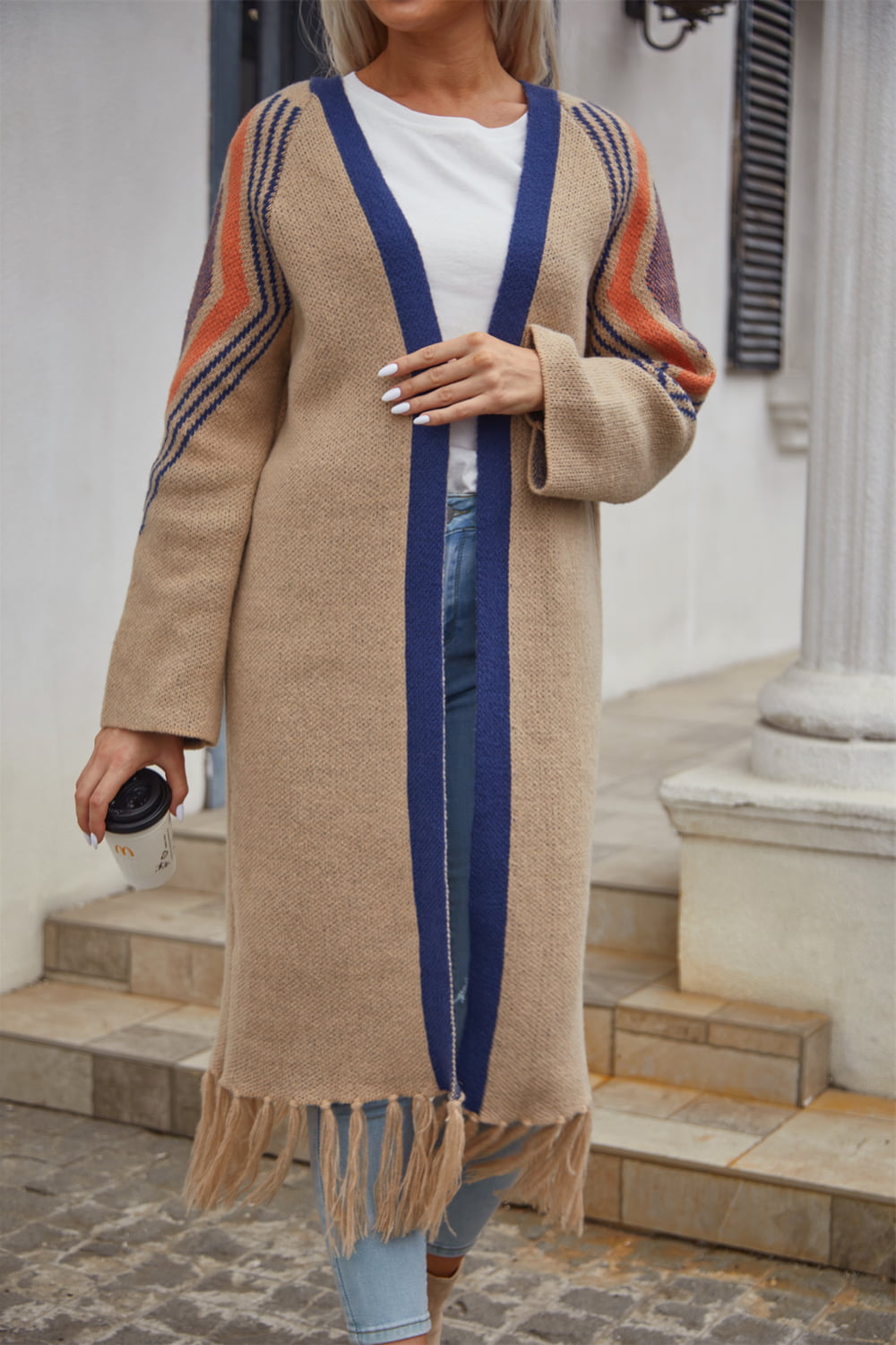 Angel Wings Geometric Fringe Hem Open Front Duster Cardigan - The Daily Makeover