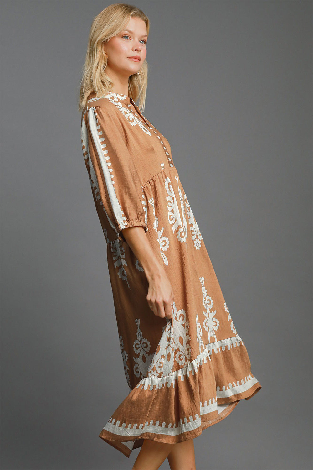 Umgee Full Size Printed Notched Midi Dress - The Daily Makeover