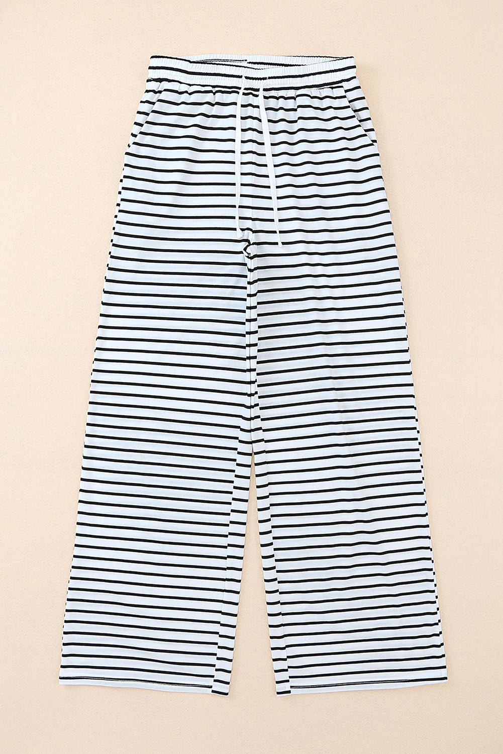 White Striped Casual Drawstring Wide Leg Pants with Pockets - The Daily Makeover