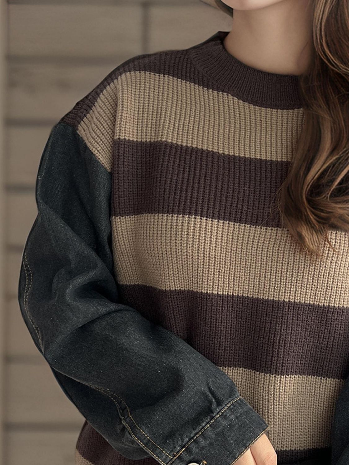 Contrast Round Neck Long Sleeve Sweater - The Daily Makeover
