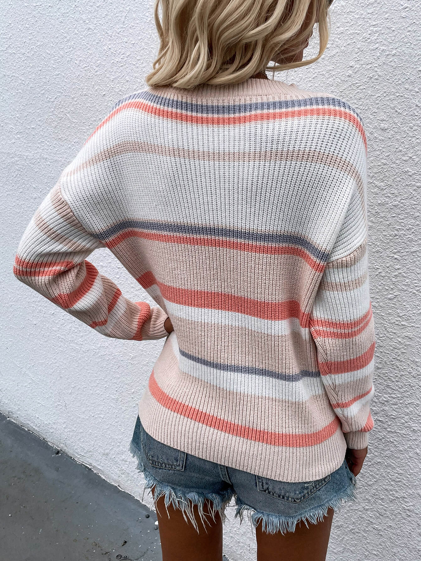 Striped Drop Shoulder Round Neck Pullover Sweater - The Daily Makeover