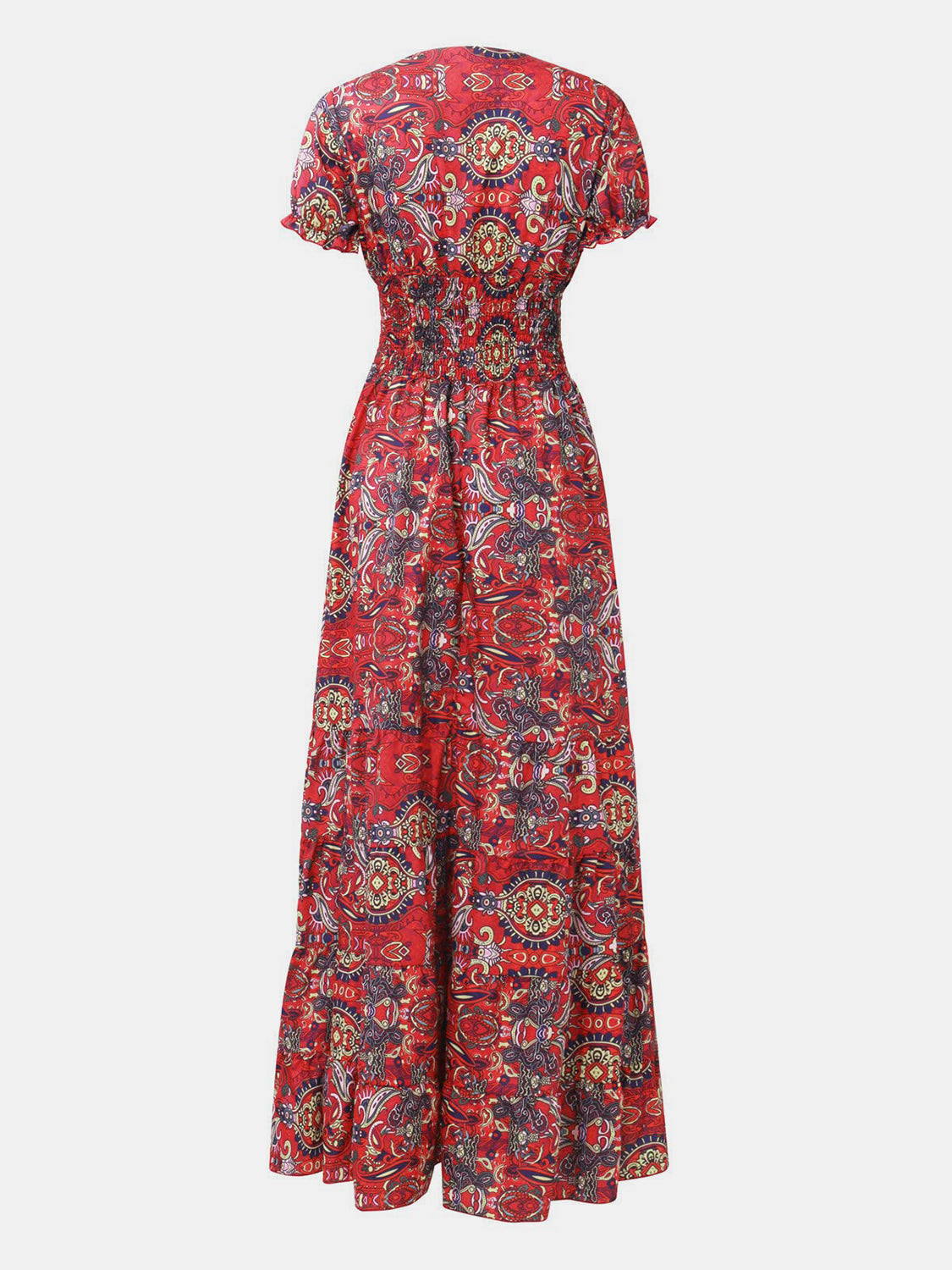 Full Size Smocked Printed V-Neck Short Sleeve Dress - The Daily Makeover