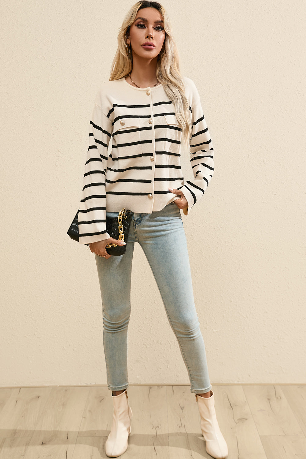 Striped Button Up Round Neck Cardigan - The Daily Makeover