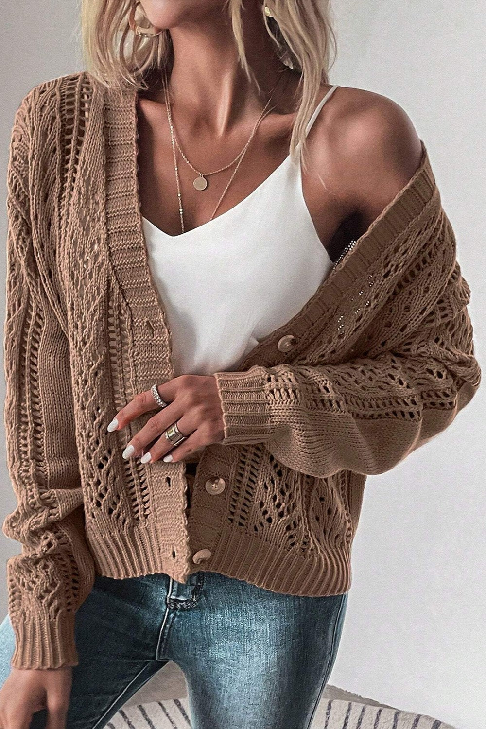 Openwork Button Up Long Sleeve Cardigan - The Daily Makeover