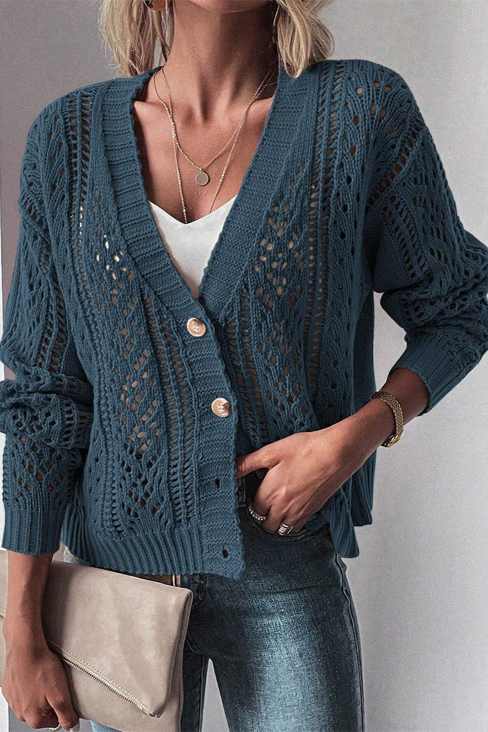 Openwork Button Up Long Sleeve Cardigan - The Daily Makeover