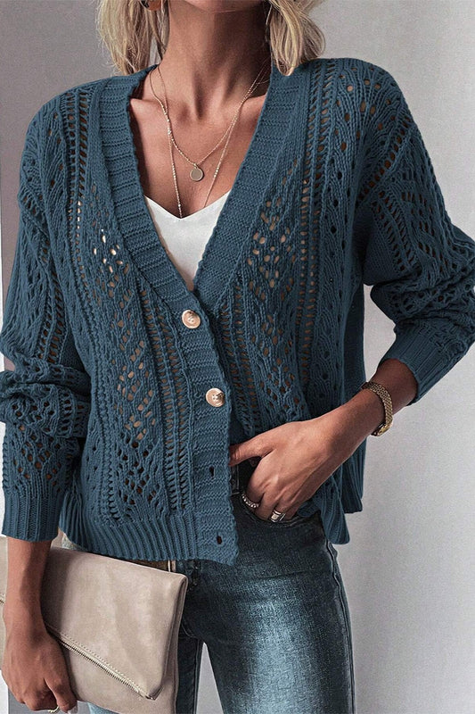 Openwork Button Up Long Sleeve Cardigan - The Daily Makeover