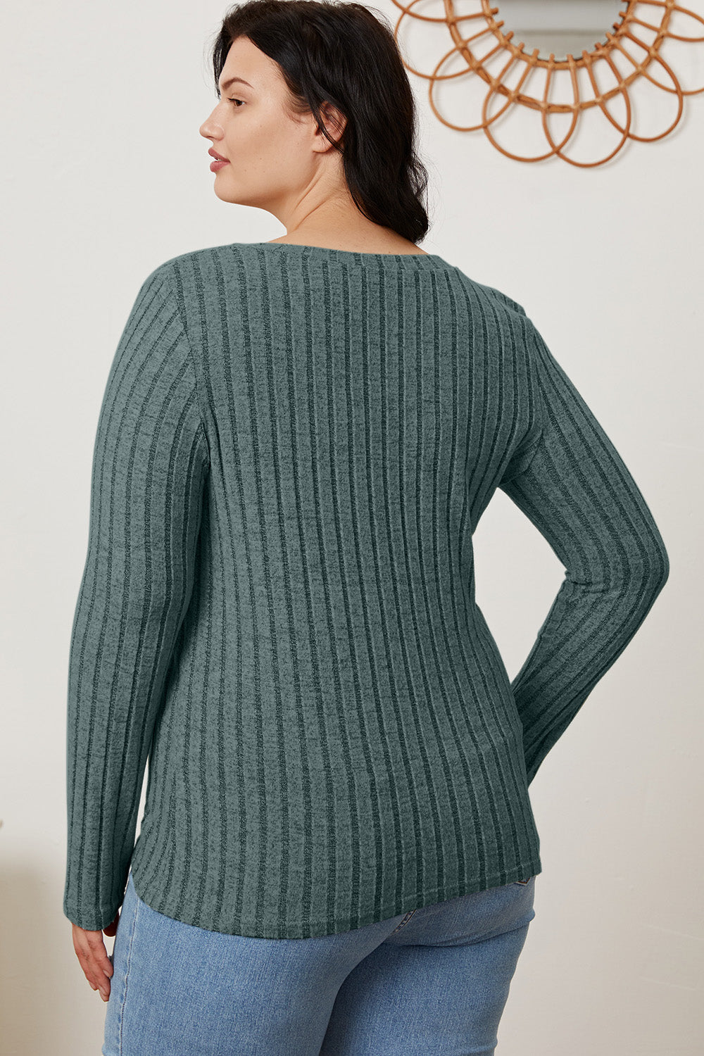 Full Size Ribbed V-Neck Long Sleeve T-Shirt - The Daily Makeover