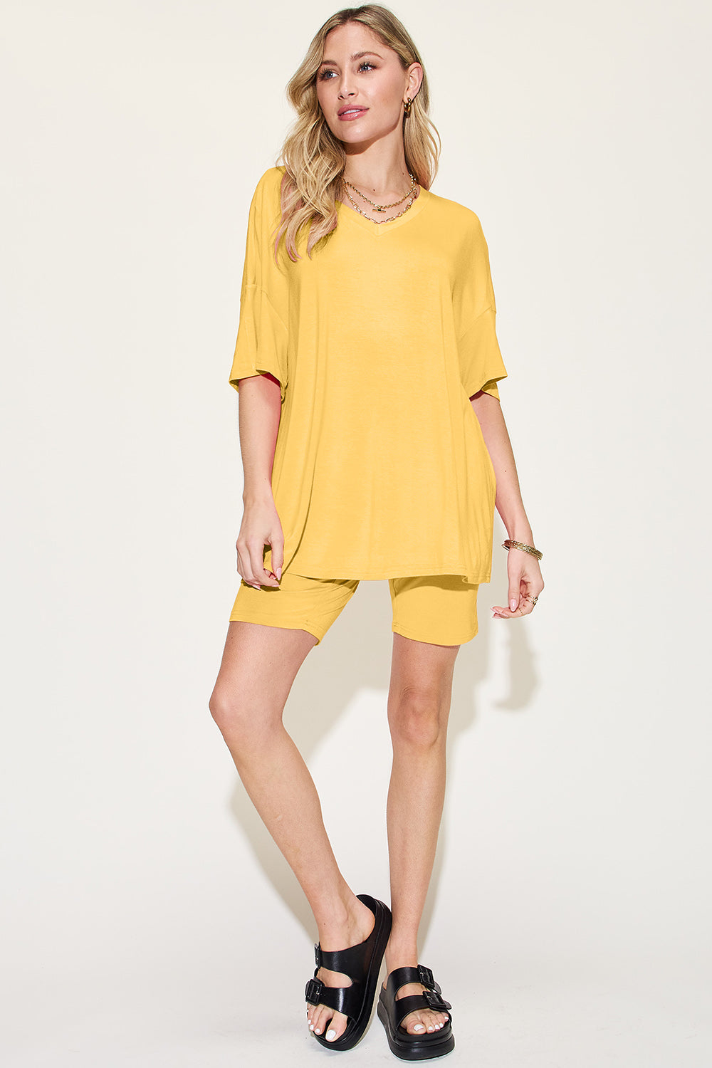 Bamboo Full Size V-Neck Drop Shoulder T-Shirt and Shorts Set - The Daily Makeover