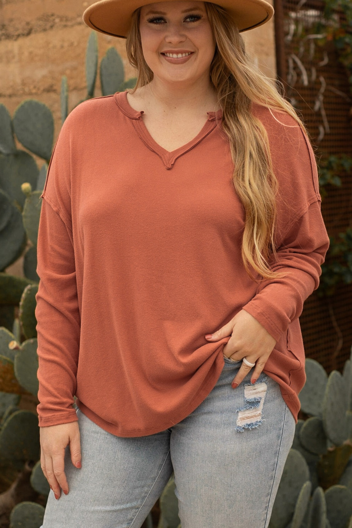 Plus Size Notched Long Sleeve T-Shirt - The Daily Makeover
