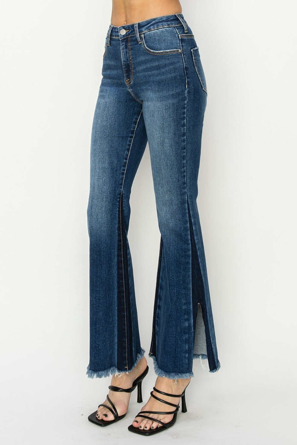 Full Size High Rise Side Shadow Seam Detail Slit Flare Jeans - The Daily Makeover