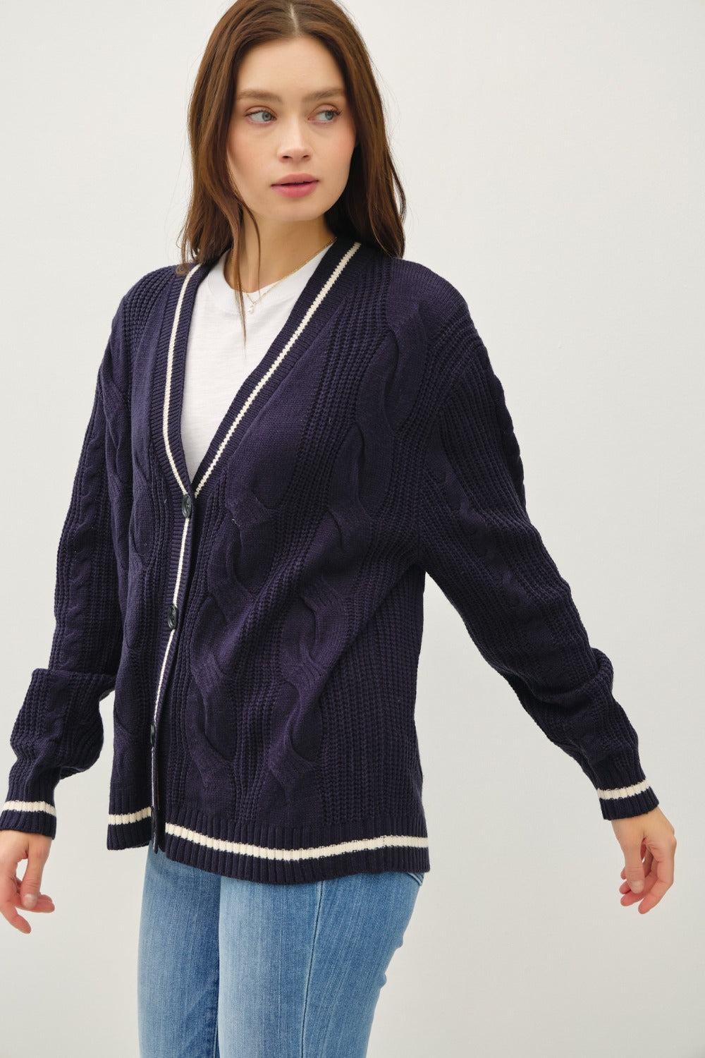 Be Cool Contrast Trim Cable-Knit V-Neck Cardigan - The Daily Makeover