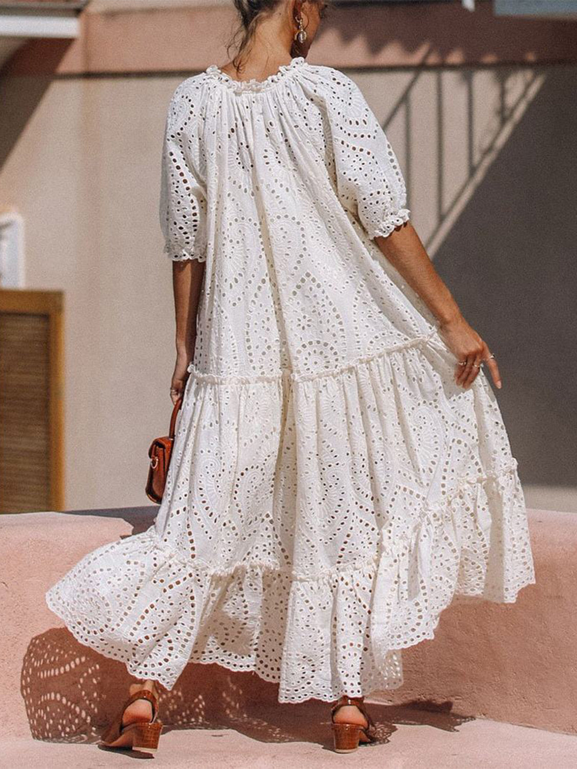 Tie Neck Half Sleeve Tiered Dress - The Daily Makeover