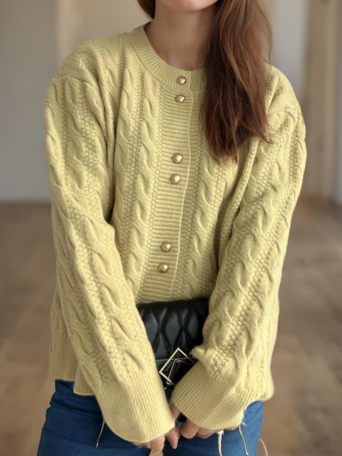 Cable-Knit Round Neck Long Sleeve Cardigan - The Daily Makeover
