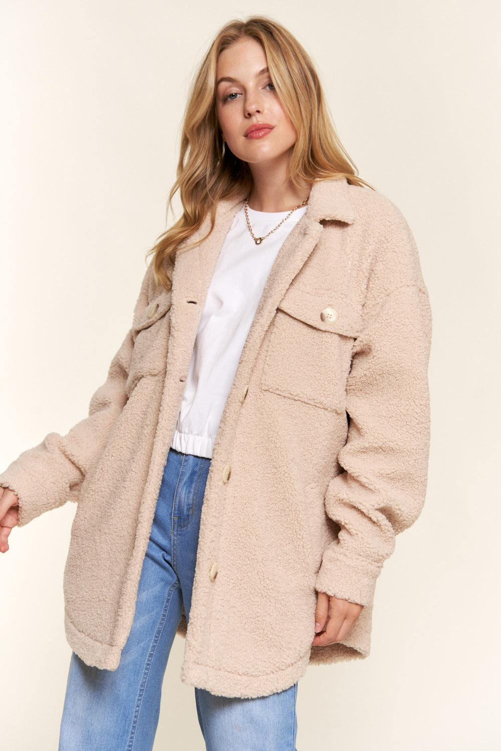 And The Why Teddy Sherpa Button Down Curved Hem Shacket - The Daily Makeover