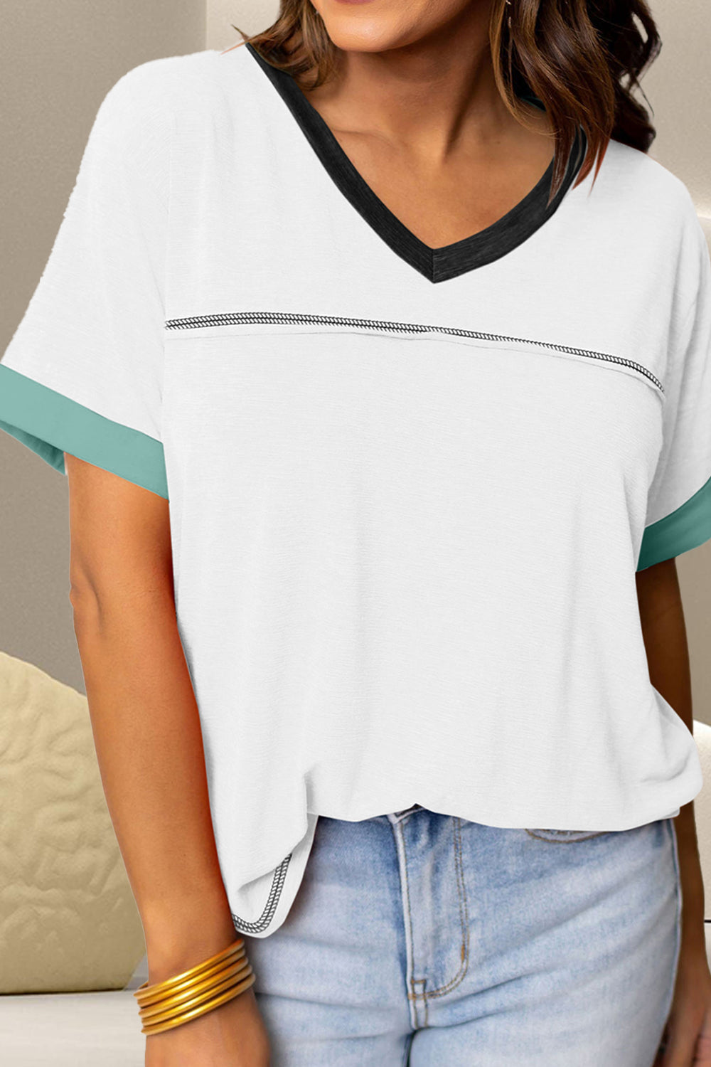 Color Block V-Neck Short Sleeve T-Shirt - The Daily Makeover