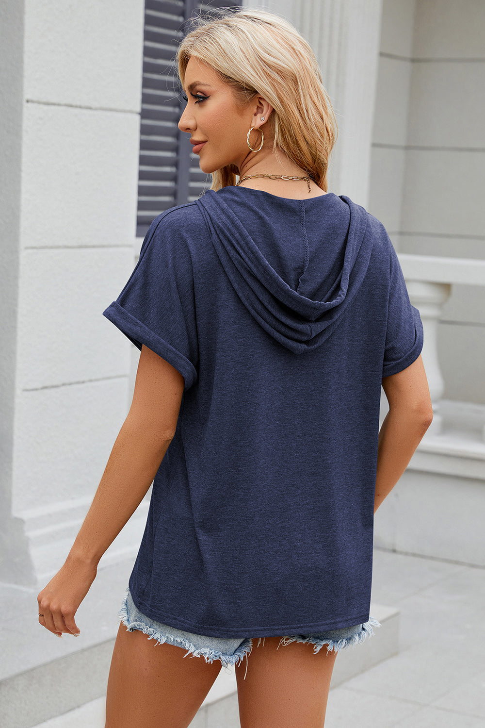 Half Button Drawstring Short Sleeve Hooded T-Shirt - The Daily Makeover