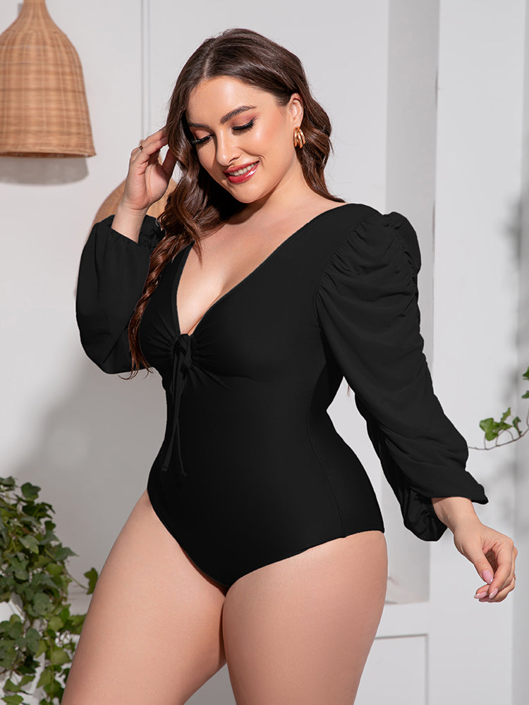 Plus Size Tied Deep V Balloon Sleeve One-Piece Swimsuit - The Daily Makeover