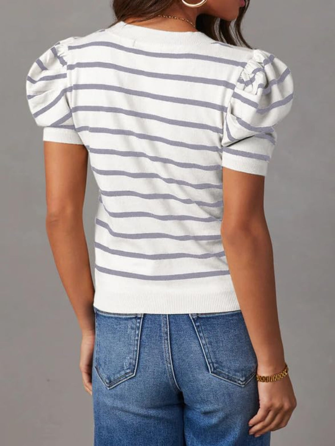 Striped Round Neck Puff Sleeve Knit Top - The Daily Makeover