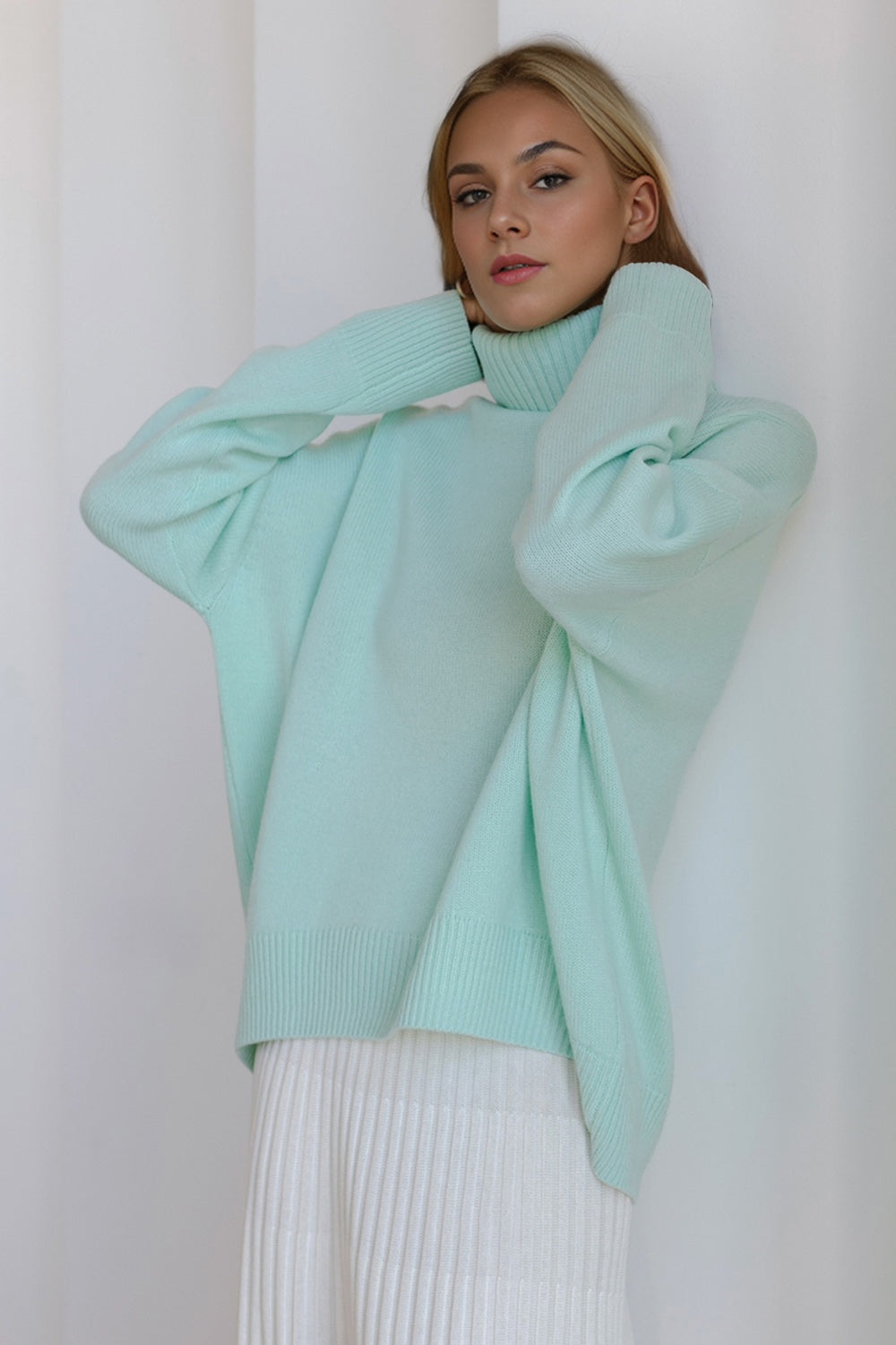 Turtleneck Dropped Shoulder Long Sleeve Sweater - The Daily Makeover