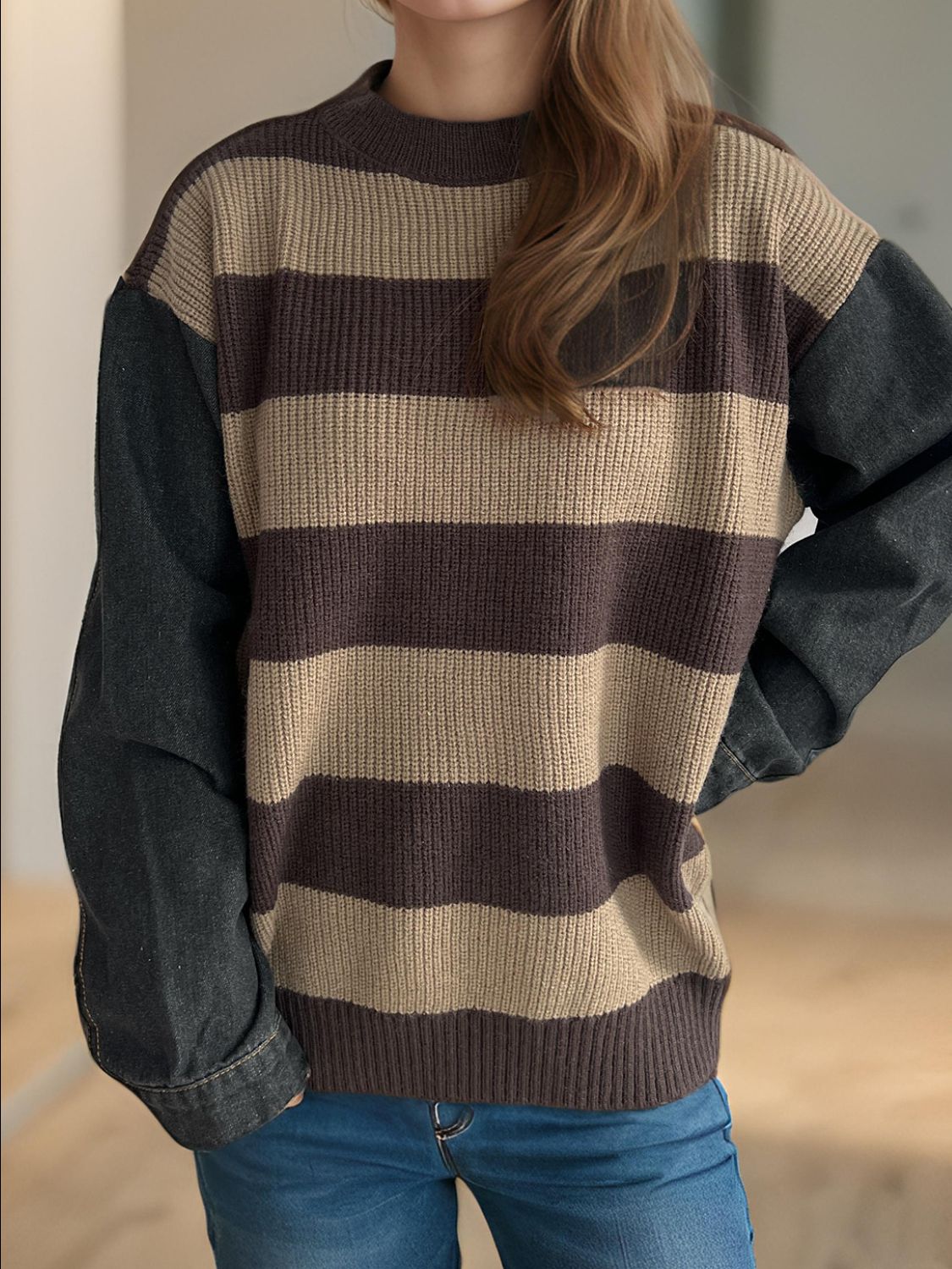 Contrast Round Neck Long Sleeve Sweater - The Daily Makeover