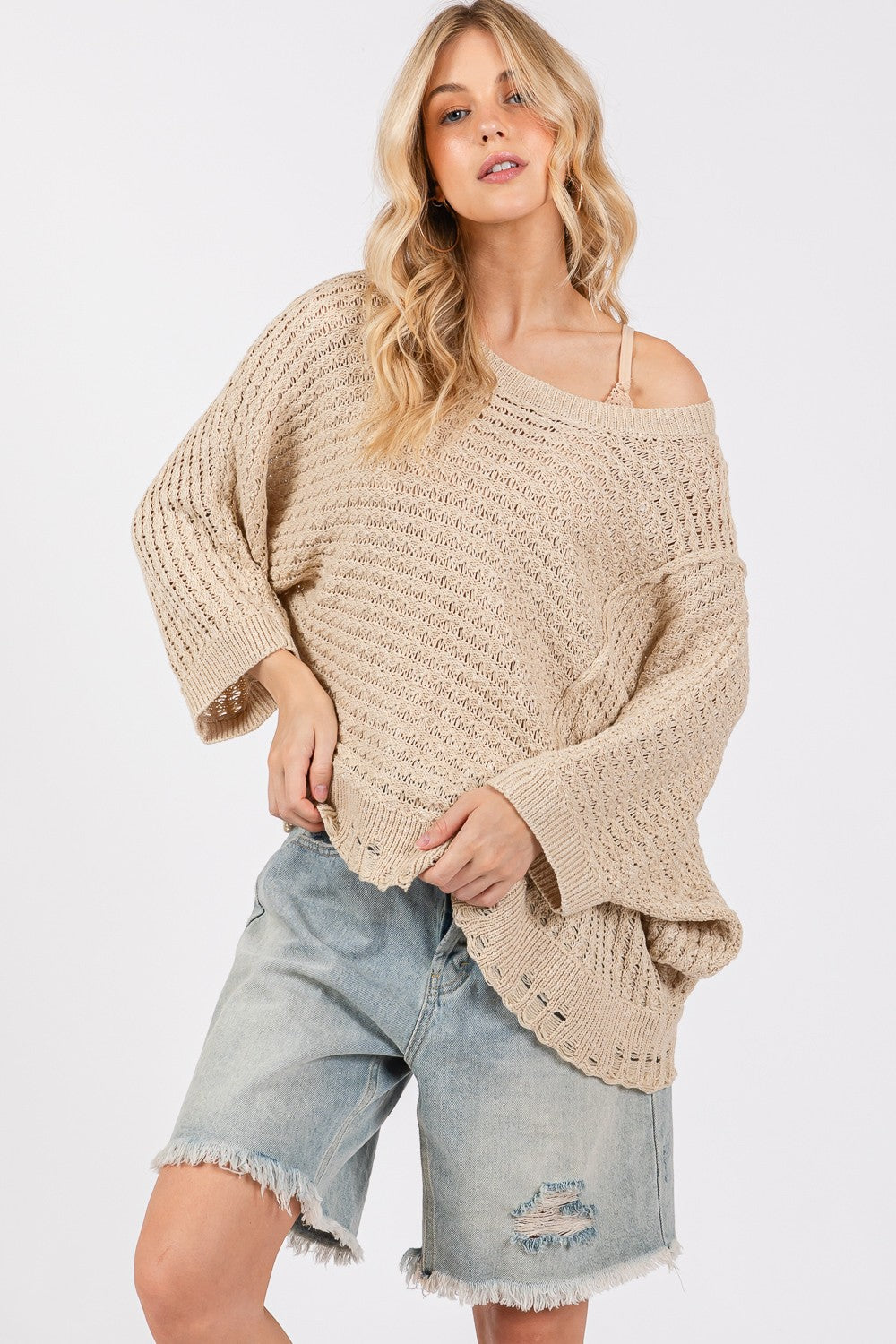 SAGE + FIG Distressed Asymmetrical Open Stitch Sweater - The Daily Makeover