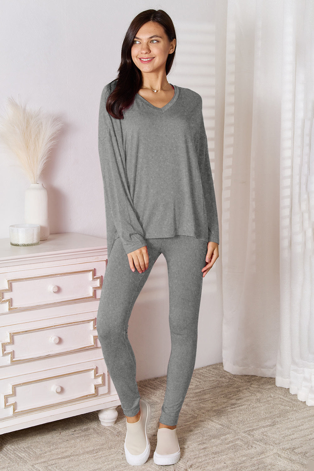 Basic Bae Bamboo Full Size V-Neck Long Sleeve Top and Pants Lounge Set - The Daily Makeover