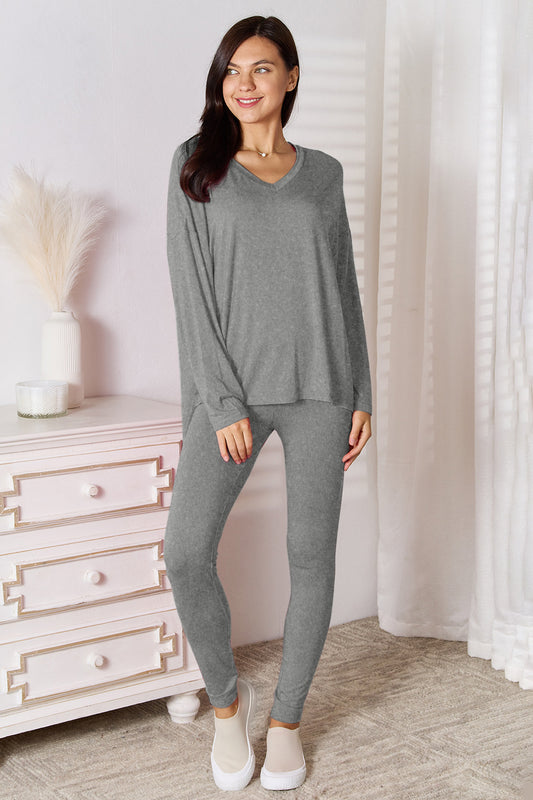 Basic Bae Bamboo Full Size V-Neck Long Sleeve Top and Pants Lounge Set - The Daily Makeover