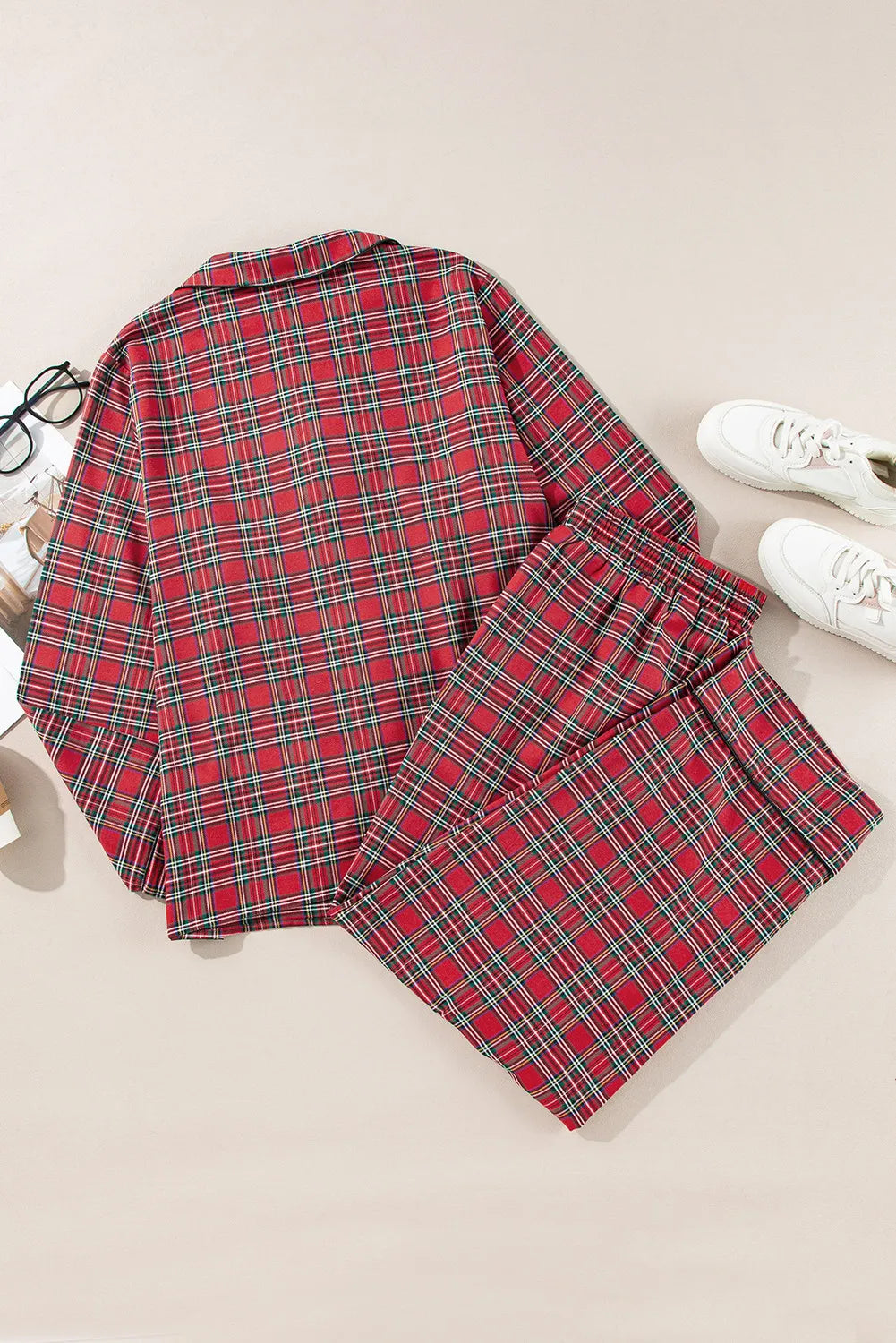 Plus Size Plaid Collared Neck Top and Pants Lounge Set - The Daily Makeover
