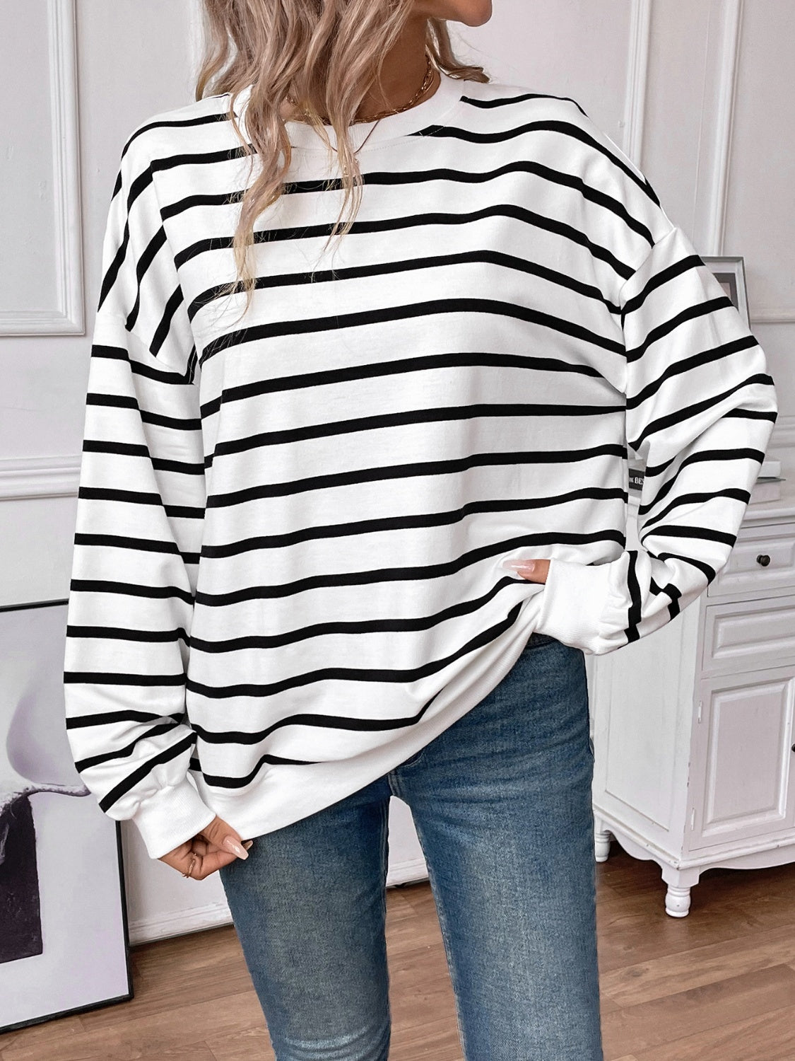 Striped Round Neck Long Sleeve Sweatshirt - The Daily Makeover