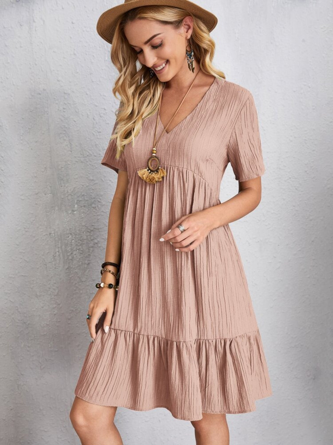 Full Size V-Neck Short Sleeve Dress - The Daily Makeover