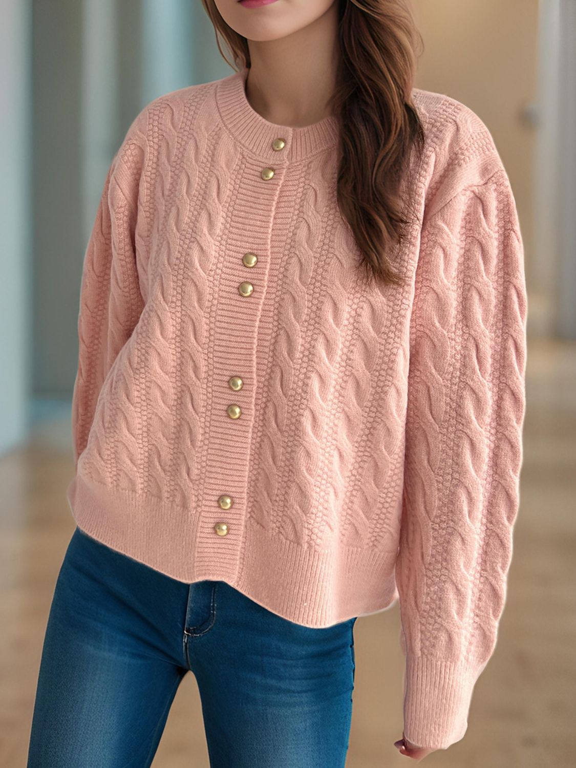 Cable-Knit Round Neck Long Sleeve Cardigan - The Daily Makeover