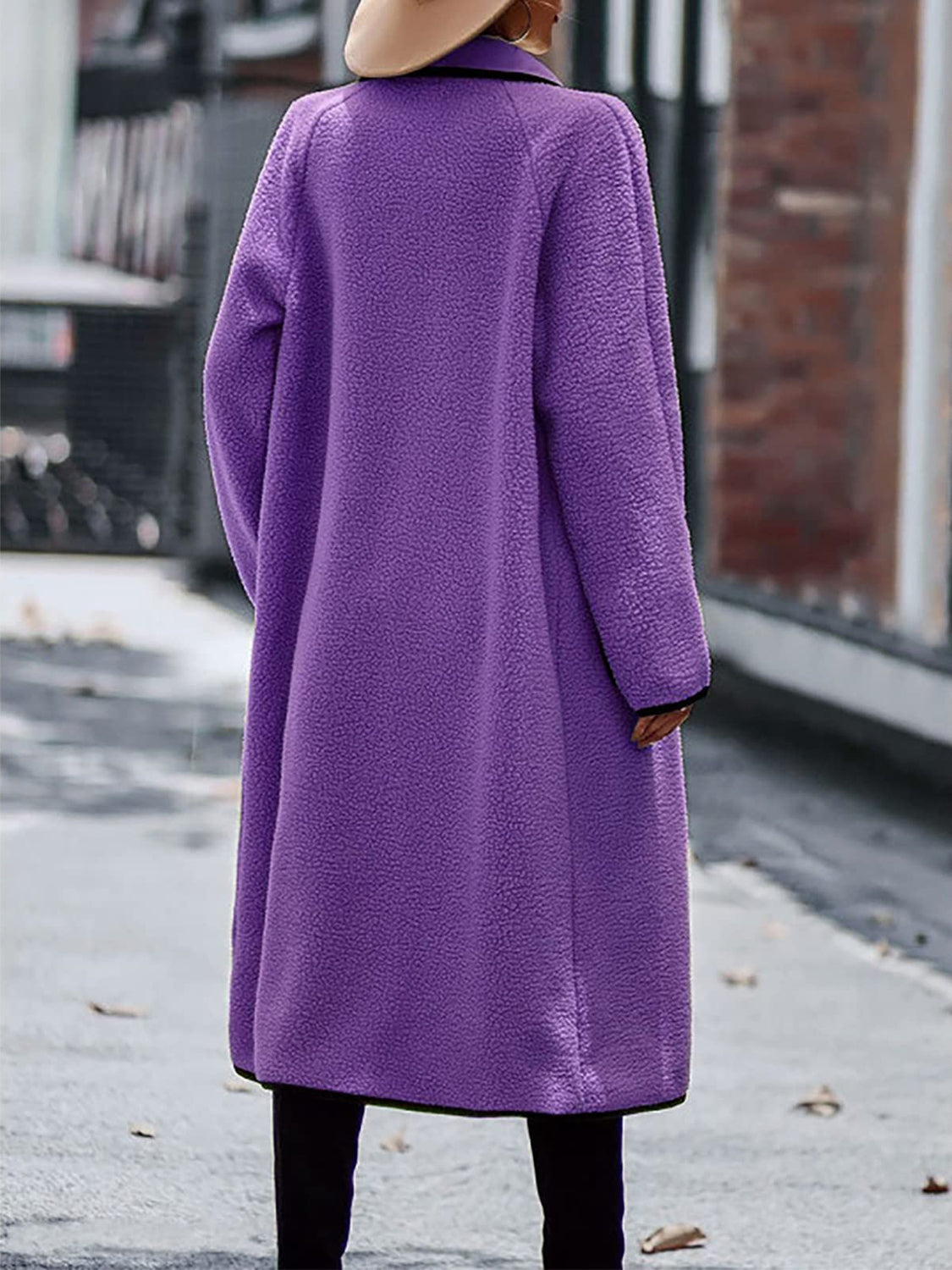 Full Size Contrast Trim Long Sleeve Coat with Pockets - The Daily Makeover