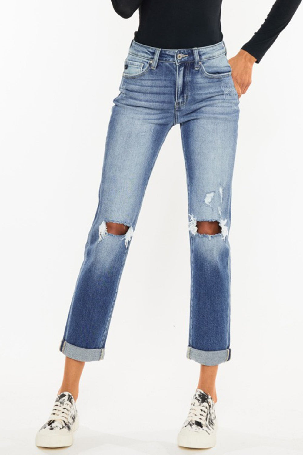 Kancan High Waist Distressed Hem Detail Cropped Straight Jeans - The Daily Makeover