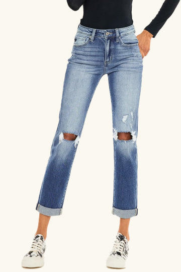 Kancan High Waist Distressed Hem Detail Cropped Straight Jeans - The Daily Makeover