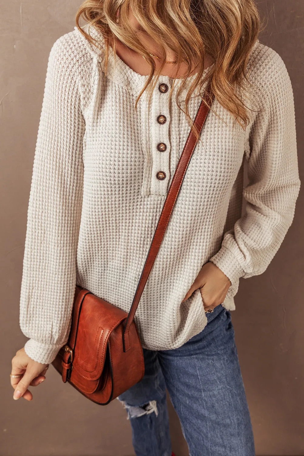 Waffle-Knit Half Button Round Neck Long Sleeve Top - The Daily Makeover