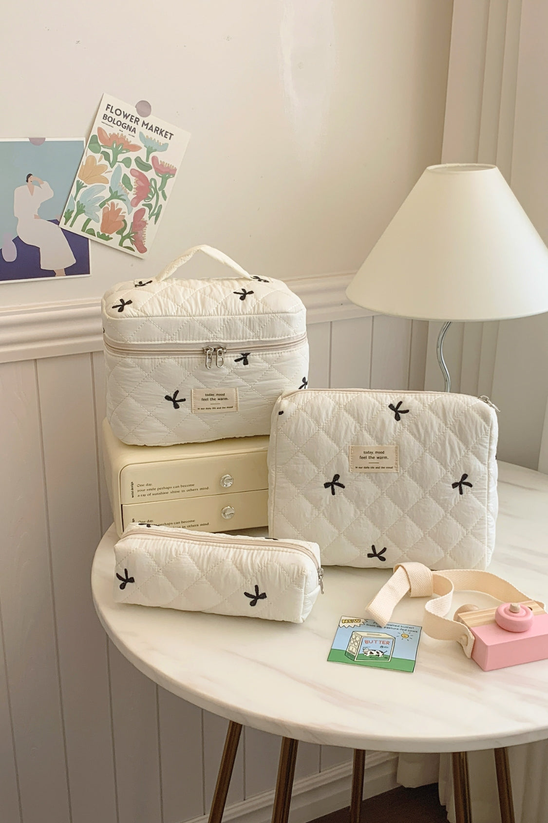 3 Piece Bow Quilted Cloth Storage Bag Set - The Daily Makeover