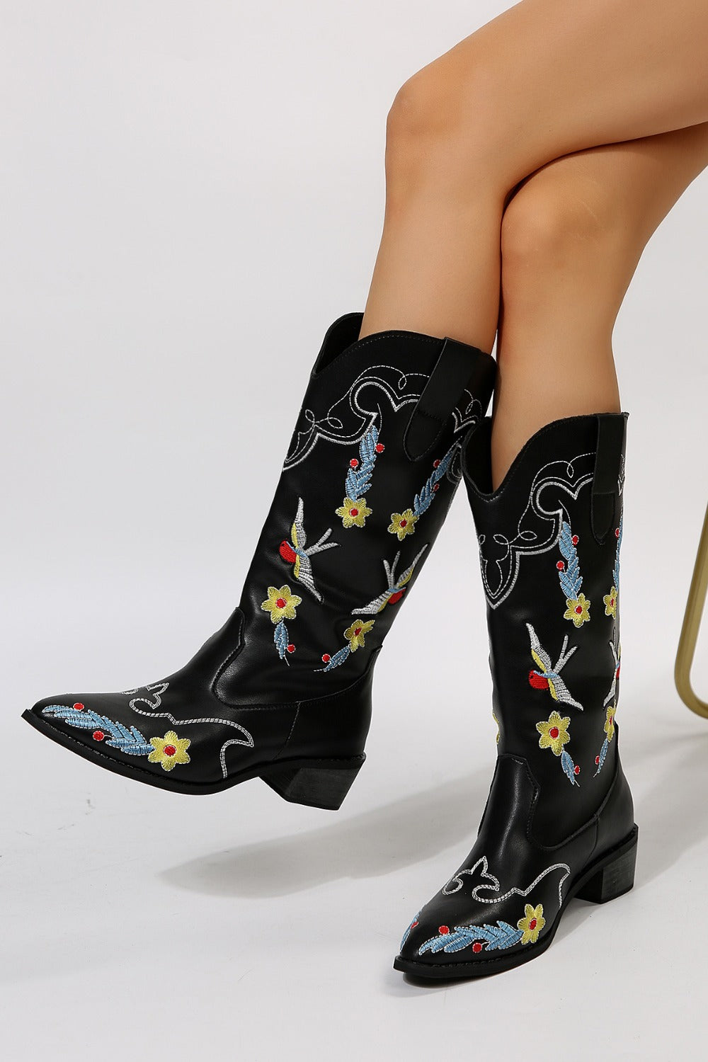 Embroidered Point Toe Block Heel Boots - The Daily Makeover