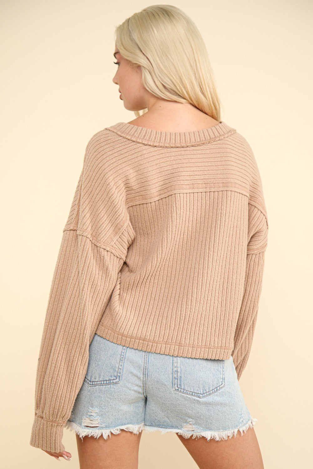 VERY J Exposed Seam V-Neck Ribbed Knit Top - The Daily Makeover