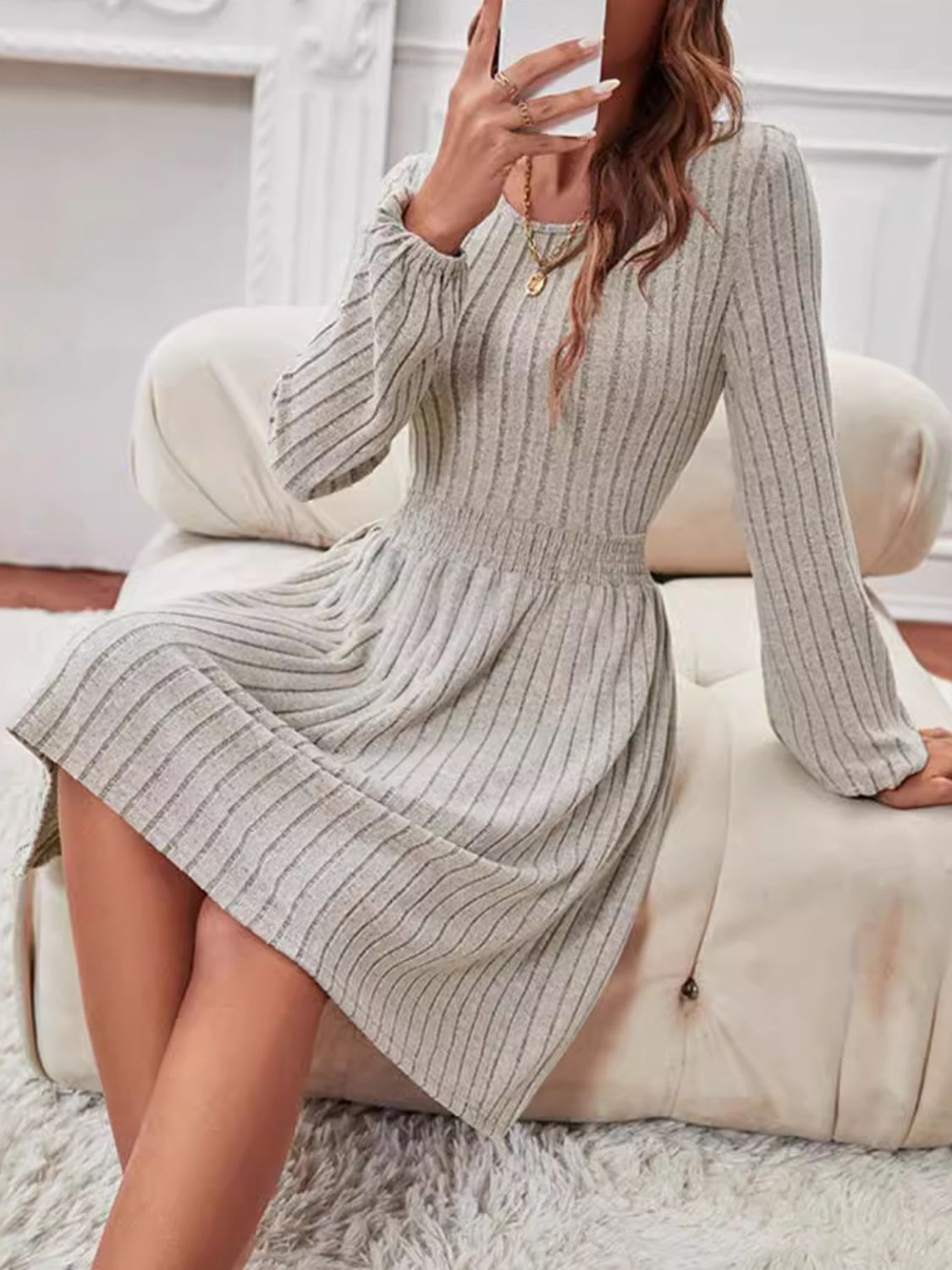 Smocked Round Neck Long Sleeve Knee Length Dress - The Daily Makeover
