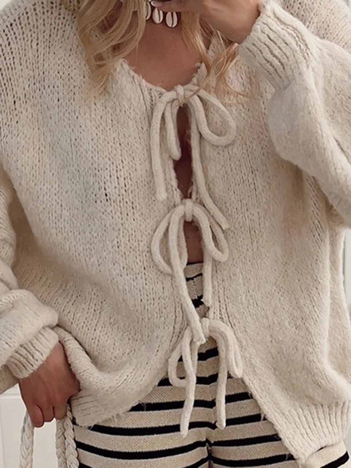 Tied Long Sleeve Dropped Shoulder Cardigan - The Daily Makeover